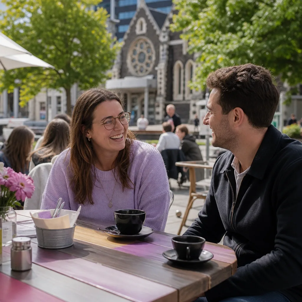 Two people talking over coffee at Riverside Market in central Christchurch