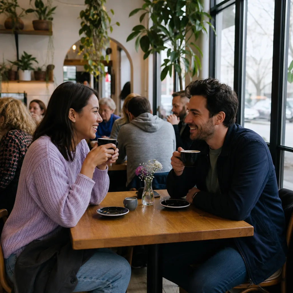 A person reviewing a dating profile on a phone at a Christchurch café