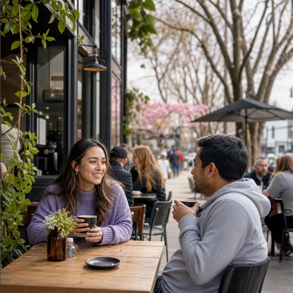 People having a relaxed first meeting near Riverside Market in Christchurch
