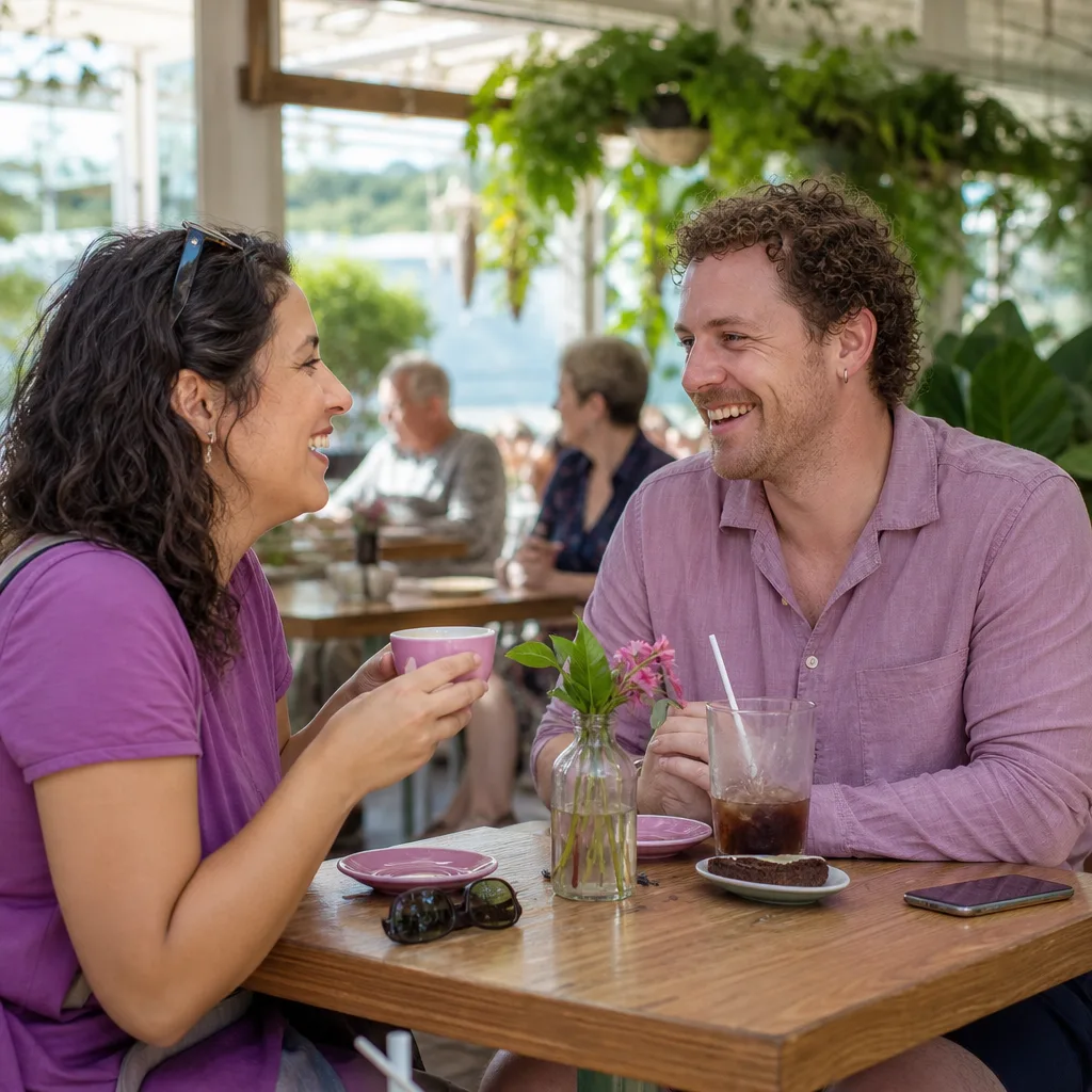 Two adults meeting in a busy public café in central Christchurch