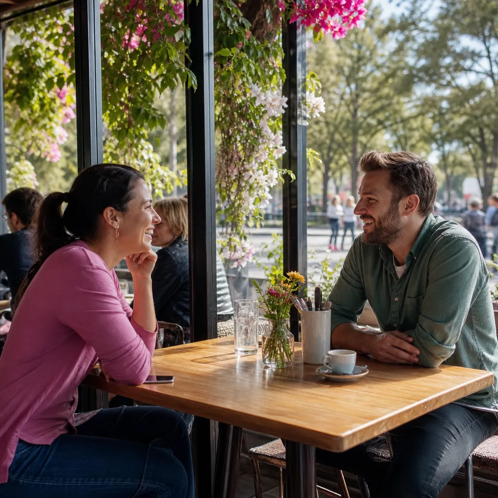 Mature Christchurch singles chatting at a relaxed suburban café