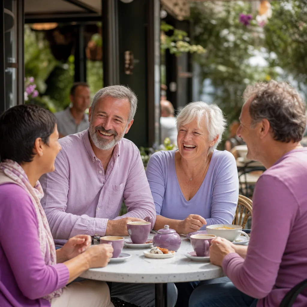 Mature singles meeting at a busy Christchurch cafe during the day